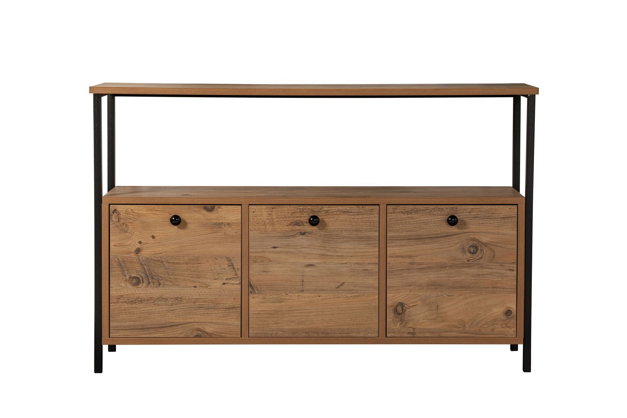 Entdecken Sie das Solace High-Sideboard aus schwarzer Atlantischer Kiefer von Nordure – ein stilvolles Möbelstück, das Eleganz und praktischen Stauraum vereint.