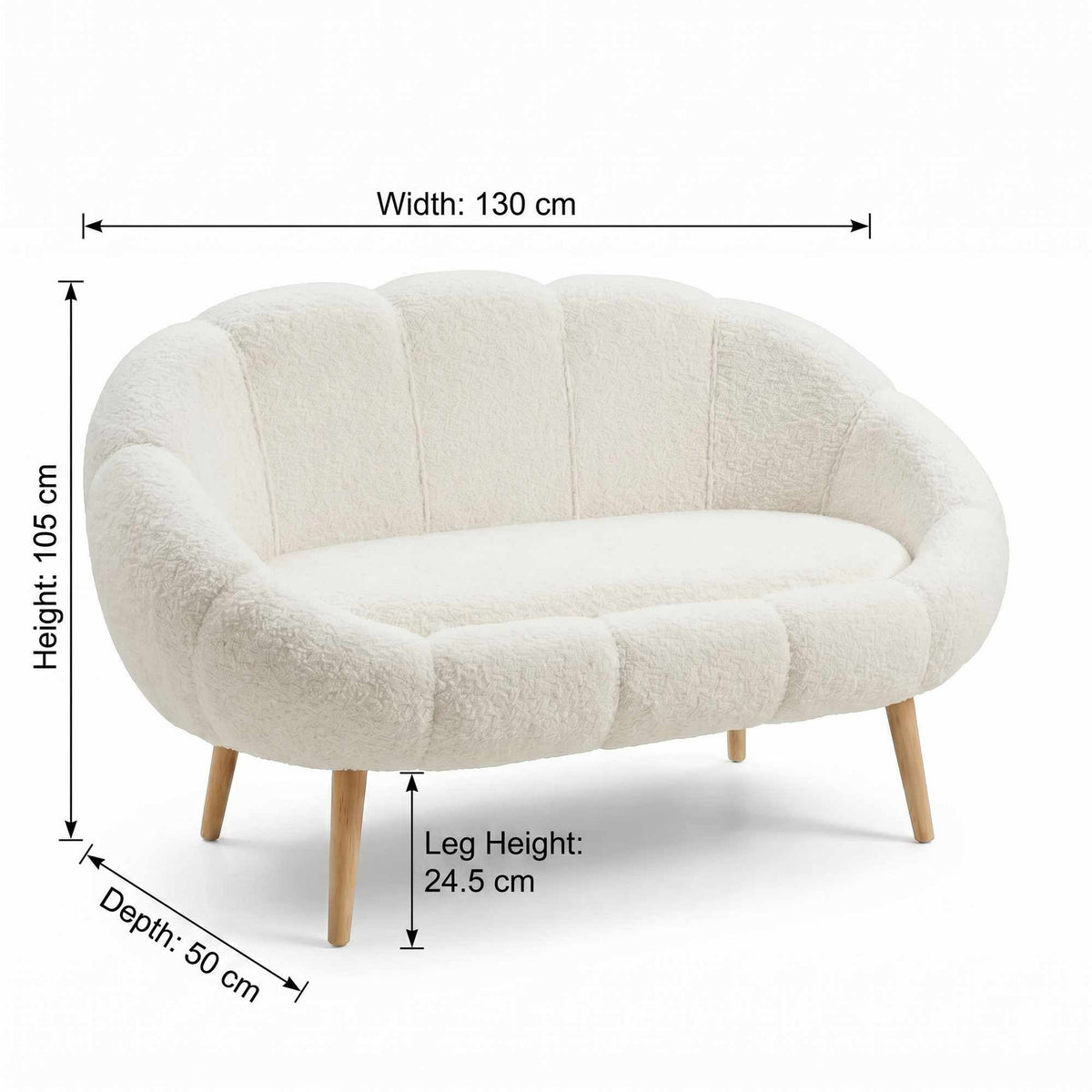Weisses 2-Sitzer Sofa Lida von Hanah Home mit Wellsoft-Stoffbezug, Flügel-Design und Beinen aus Eschenholz, Masse 130x50x105 cm.