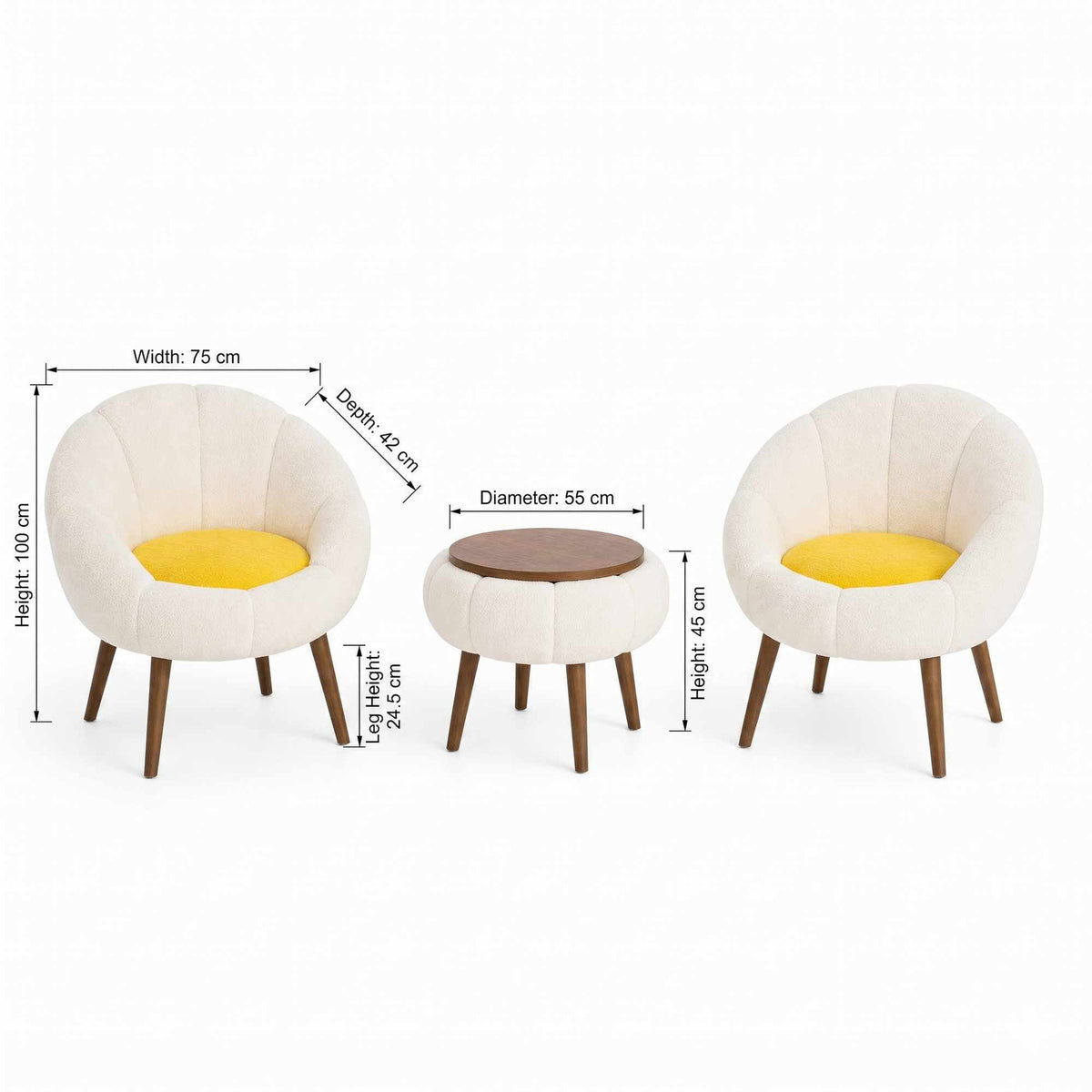 Zwei weisse Ohrensessel aus Leinen mit Eschenholzbeinen und runder Couchtisch mit Melaminplatte, 3-teiliges Set von Hanah Home.