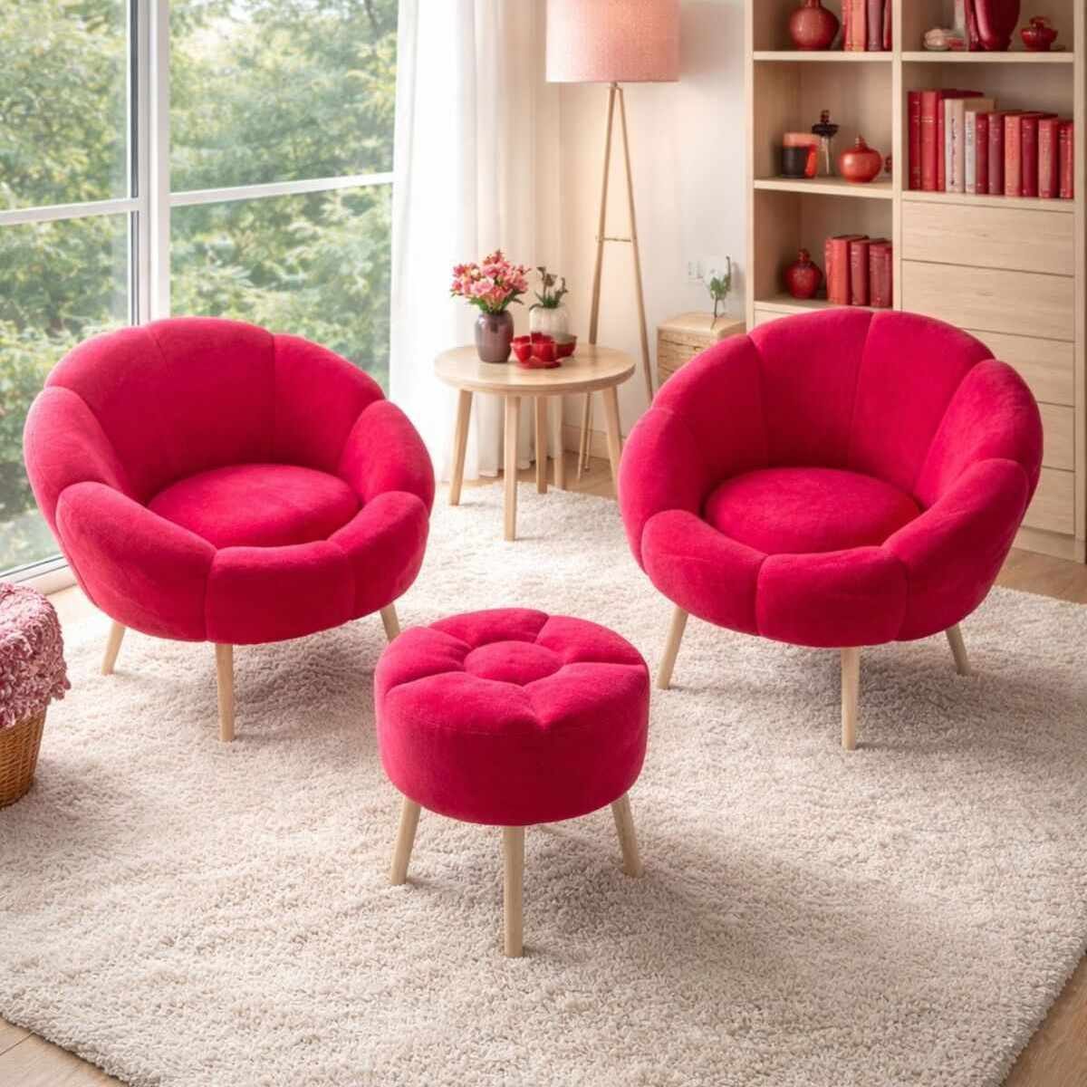 Zwei Fuchsia-farbene Wellsoft-Ohrensessel mit Eschenholzbeinen und ein passender runder Pouf, dargestellt vor hellem Hintergrund.