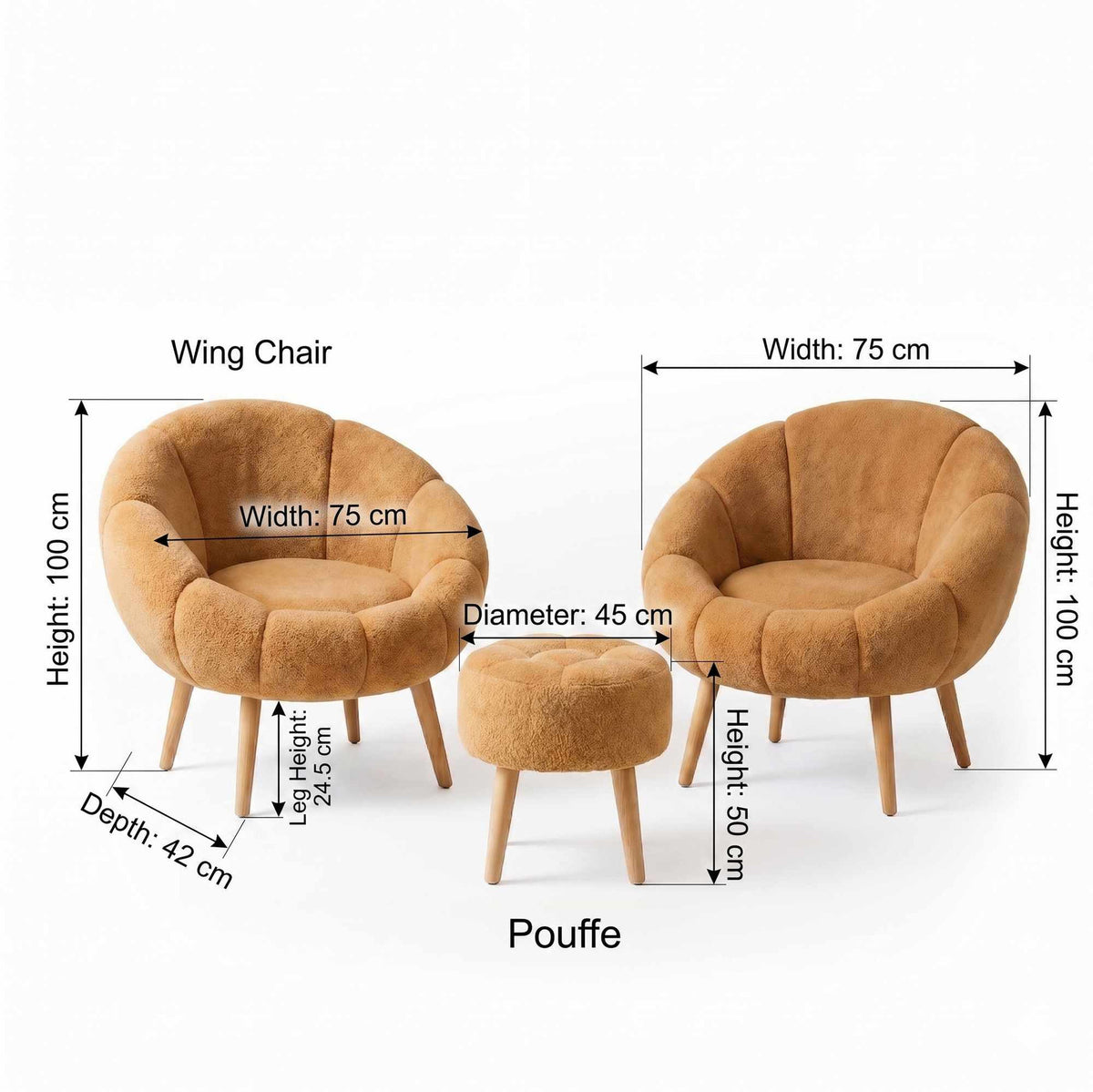 Zwei braune Ohrensessel und ein runder Pouf aus Wellsoft-Stoff mit Eschenholzbeinen, Sitzmöbel-Set von Hanah Home.