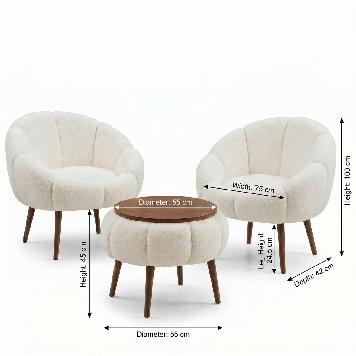 Zwei weisse Ohrensessel mit Wellsoft-Stoffbezug und Eschenholzbeinen sowie runder weisser Couchtisch aus Spanplatte, Hanah Home Set