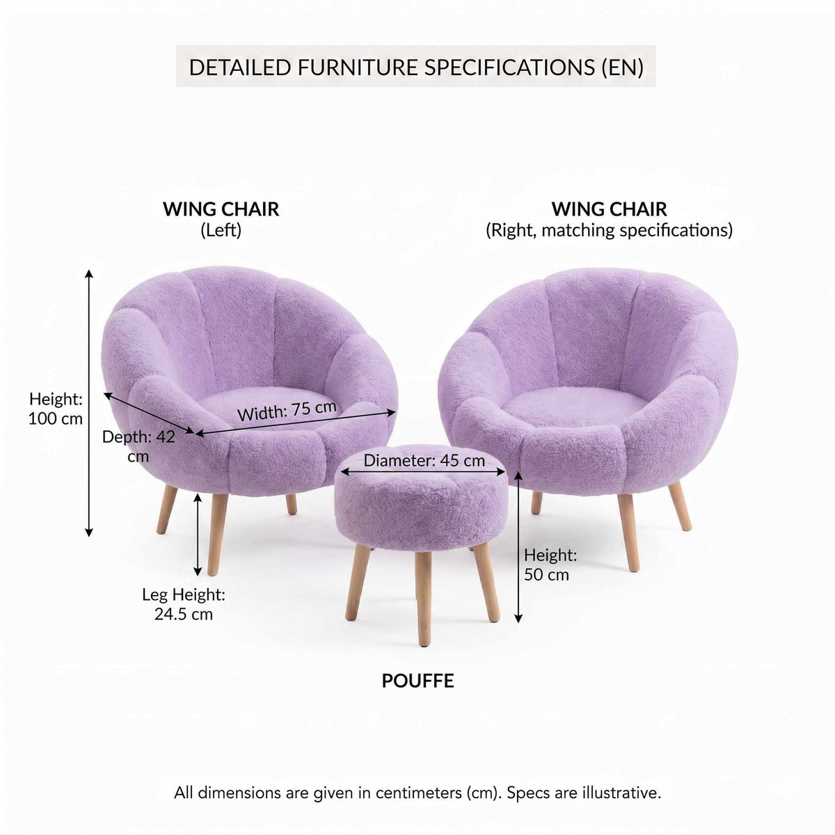Lila Ohrensessel mit Wellsoft-Stoff und Eschenholzbeinen neben passendem Pouf, 3-teiliges Sitzmöbel-Set von Hanah Home in Flieder.