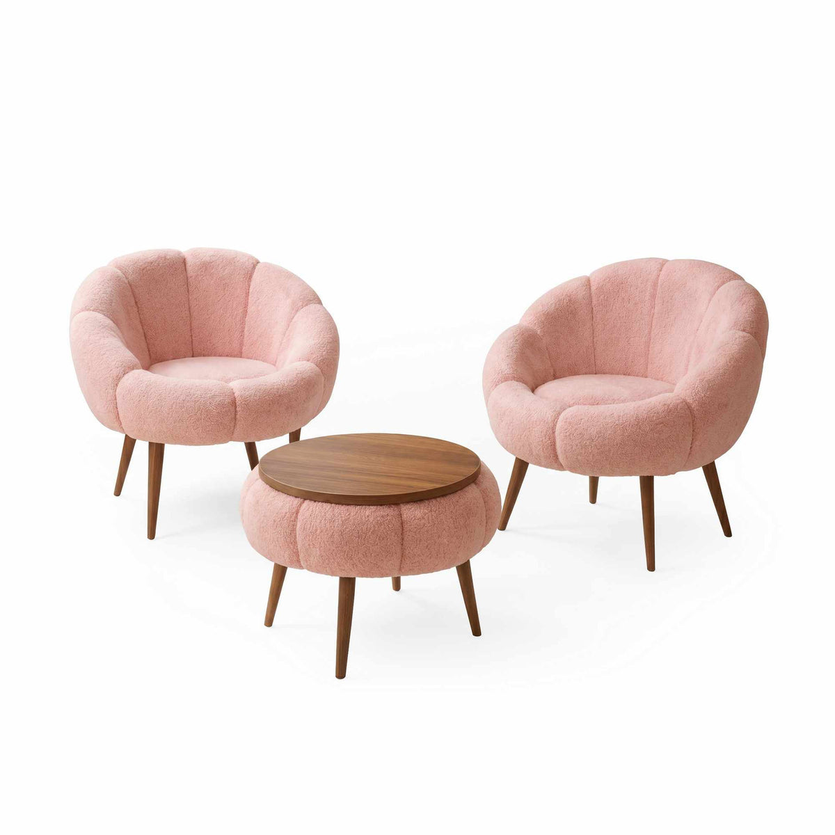 Zwei rosa Ohrensessel aus Wellsoft-Stoff mit Eschenholzbeinen und runder Couchtisch aus Spanplatte, dreiteiliges Set in Pink.