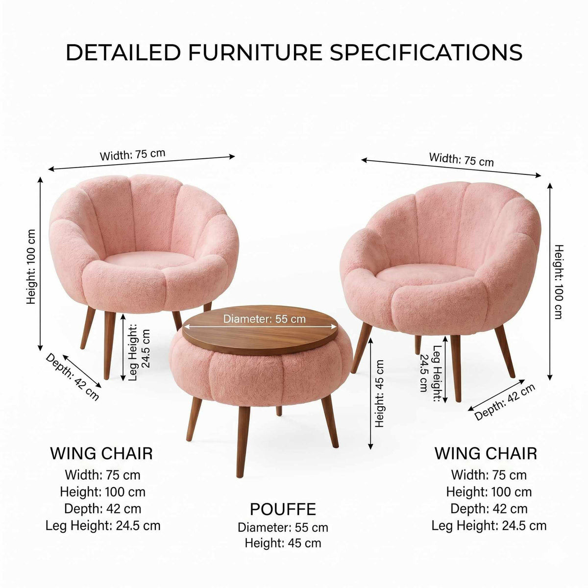 Zwei rosa Ohrensessel aus Wellsoft-Stoff mit Eschenholzbeinen und runder Couchtisch aus Spanplatte, dreiteiliges Set in Pink.