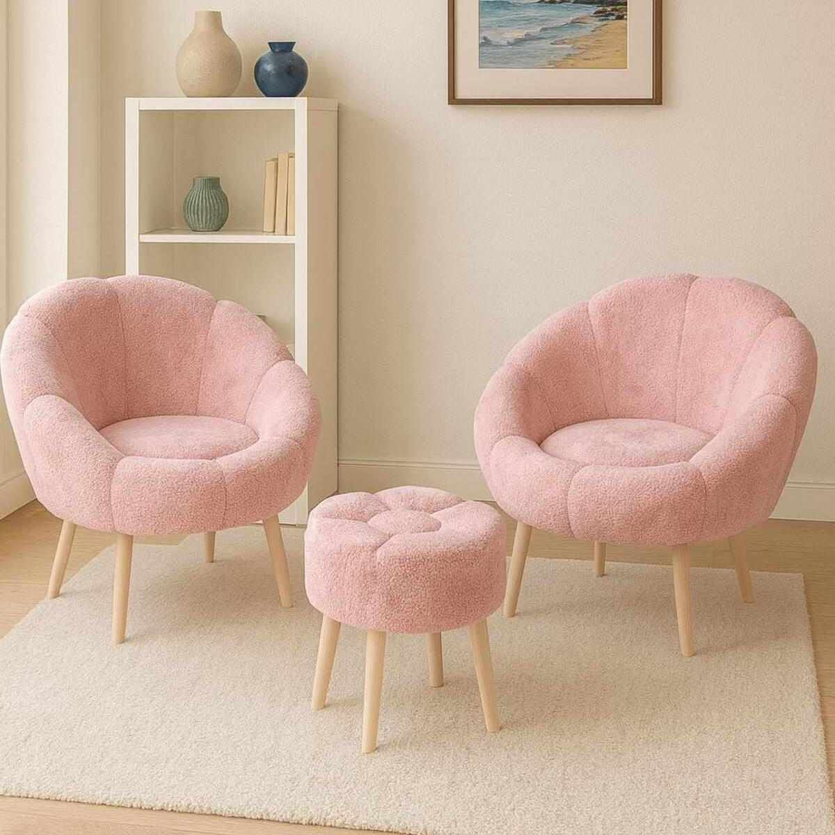 Rosa Ohrensessel-Set mit Pouf aus Wellsoft-Stoff, Eschenholzbeinen und gepolstertem Sitzkissen, dreiteiliges Wohnzimmer-Ensemble von Hanah Home.