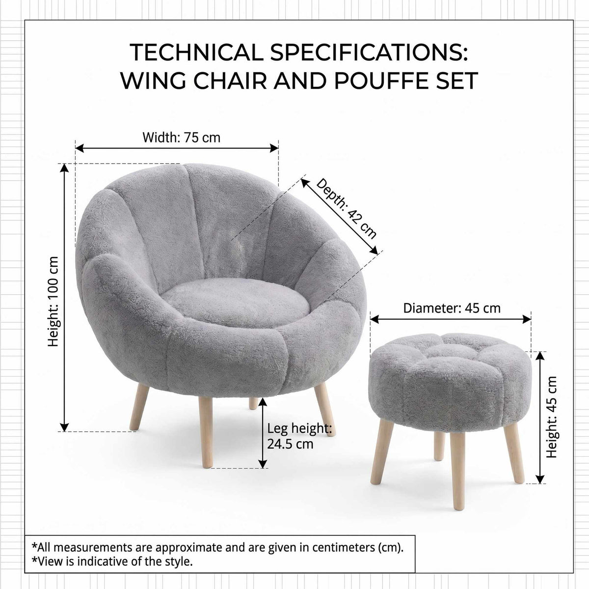 Grauer Ohrensessel mit passendem Pouf aus 100% Wellsoft-Stoff, Beine aus Esche, Schaumstoffpolsterung, Ansicht der zweiteiligen Sitzgruppe.