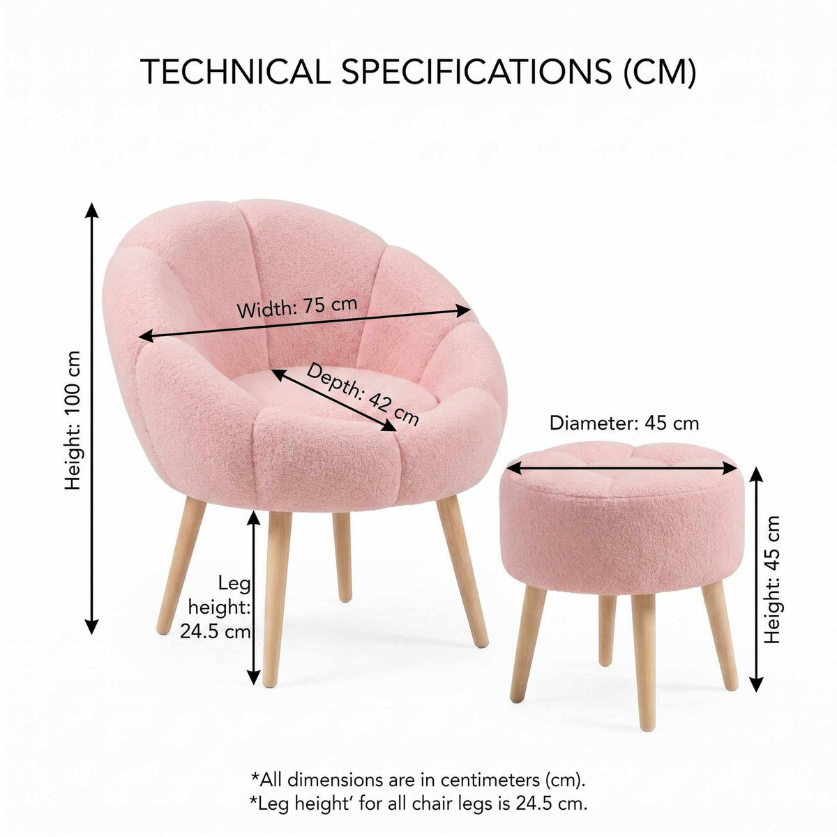 Rosa Ohrensessel mit Wellsoft-Stoffbezug und Eschenholzbeinen neben passendem runden Pouf, Sitzmöbel-Set aus zwei Teilen.