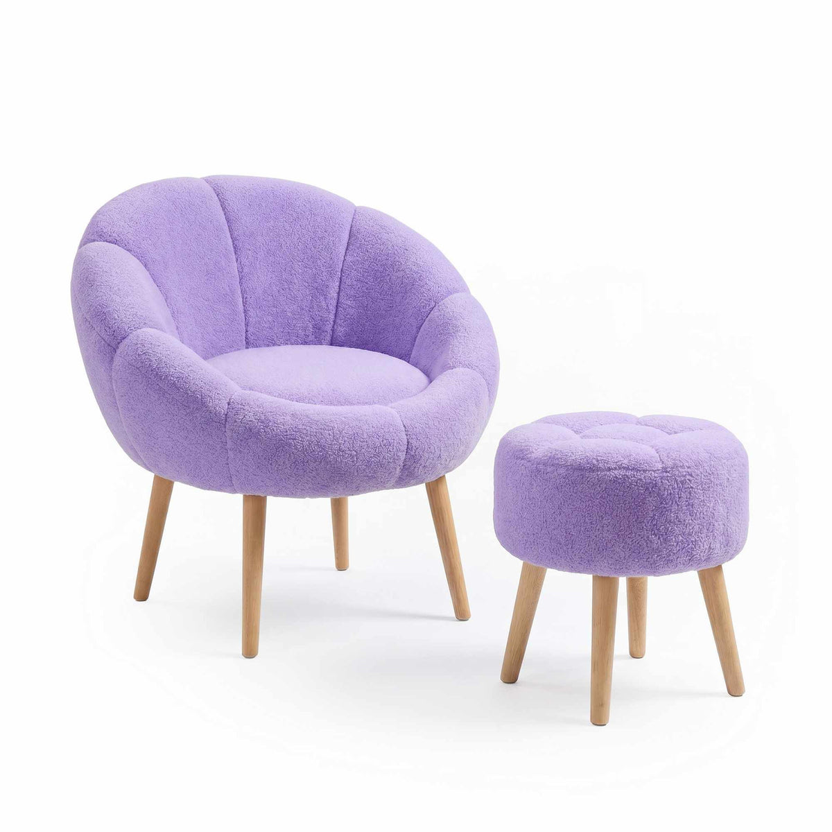 Fliederfarbener Ohrensessel mit hoher Rückenlehne und passender runder Pouf, Wellsoft-Bezug und Beine aus Esche, Set aus zwei Teilen.