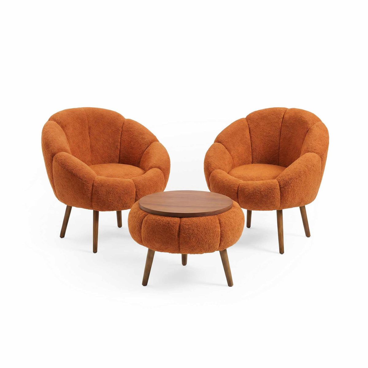 Zwei orange Ohrensessel aus Wellsoft-Stoff mit Eschenholzbeinen und runder Couchtisch aus melaminbeschichteter Spanplatte, Hanah Home Lida Set.