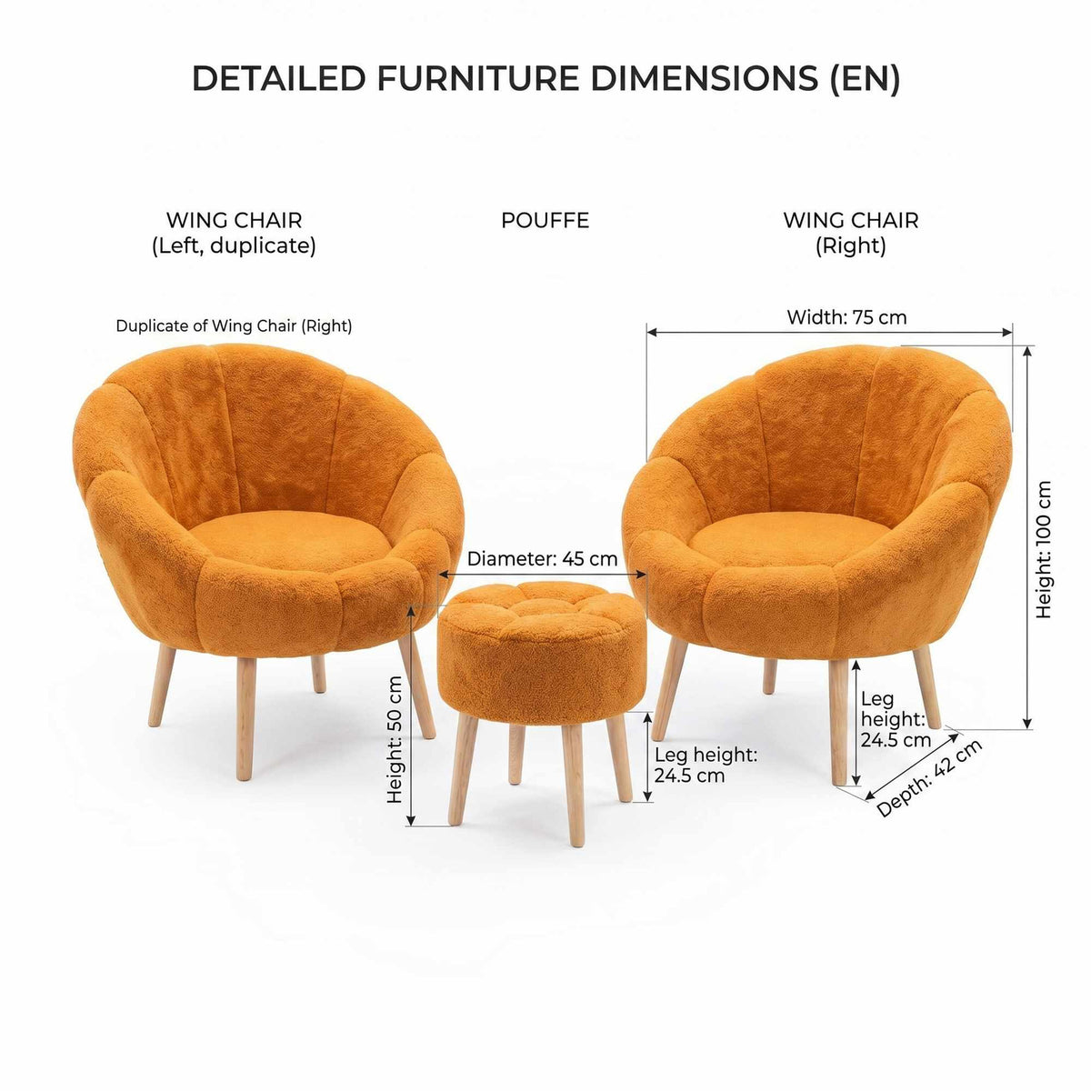 Zwei orangefarbene Ohrensessel mit Wellsoft-Stoffbezug und Eschenholzbeinen sowie ein passender runder Pouf von Hanah Home im Wohnraum.