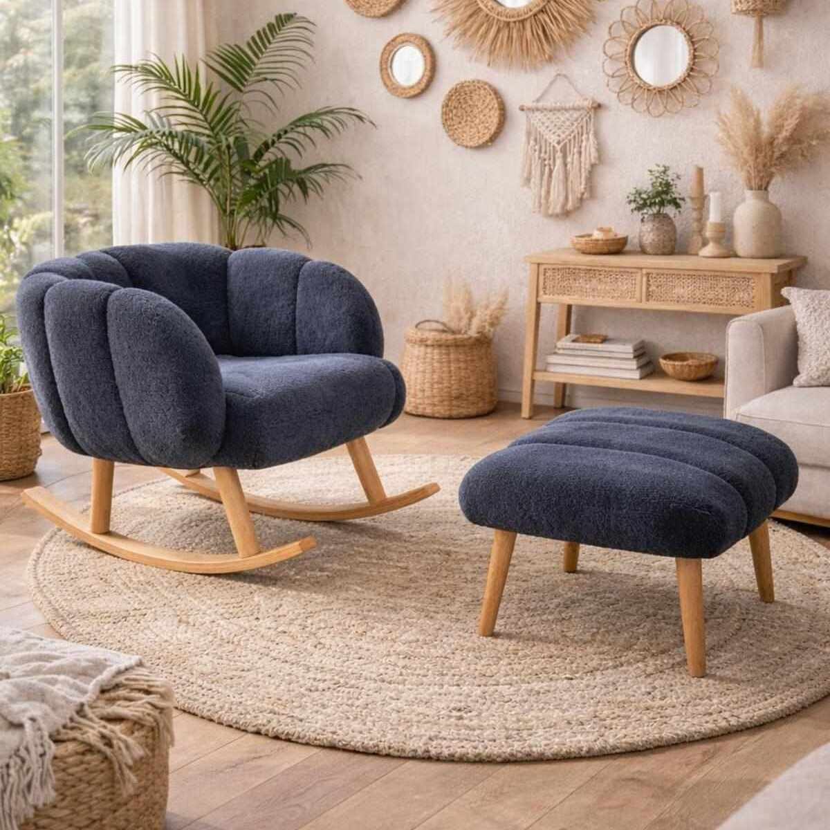 Anthrazitfarbenes Ohrensessel-Set mit Pouf, Wellsoft-Bezug und Beinen aus Eschenholz, Flügeldesign mit gepolsterter Rückenlehne.