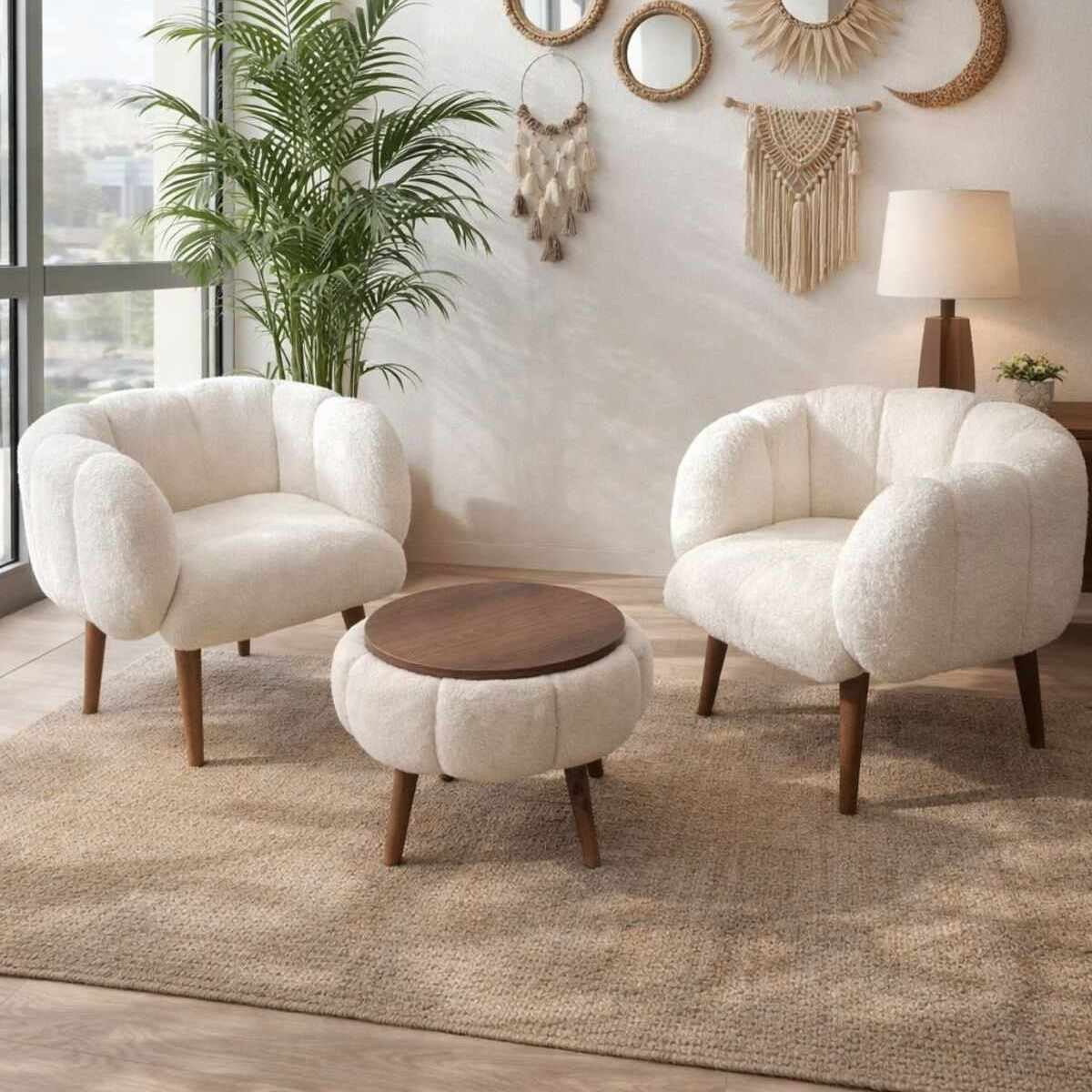 Zwei weisse Ohrensessel mit Wellsoft-Stoffbezug und Eschenholzbeinen sowie runder Couchtisch aus melaminbeschichteter Spanplatte, Hanah Home Set