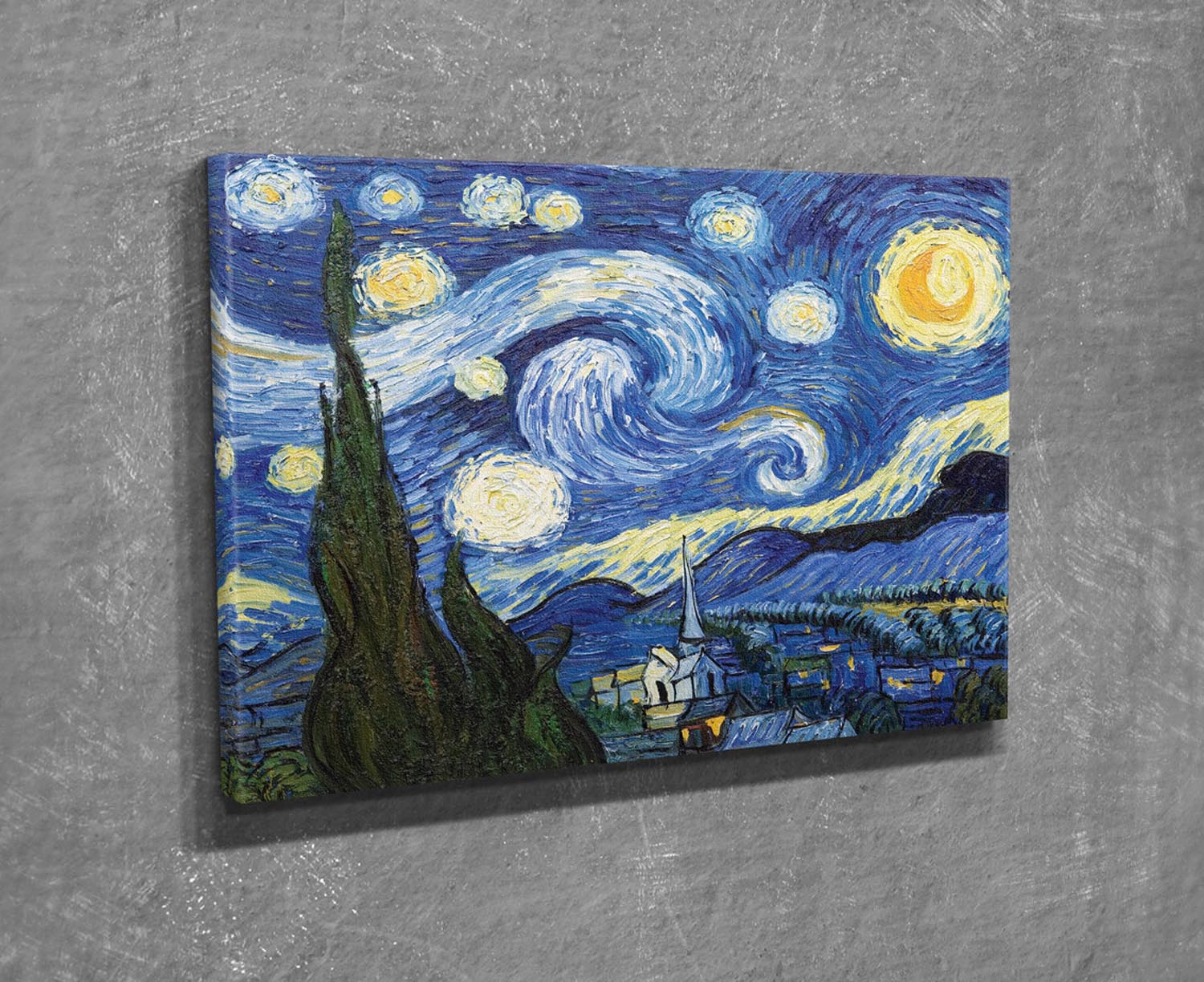 Entdecken Sie das mehrfarbige Leinwandgemälde DC237 von Wallity, inspiriert von Van Goghs <i>Sternennacht</i>. Verleihen Sie Ihrem Raum künstlerischen Flair!