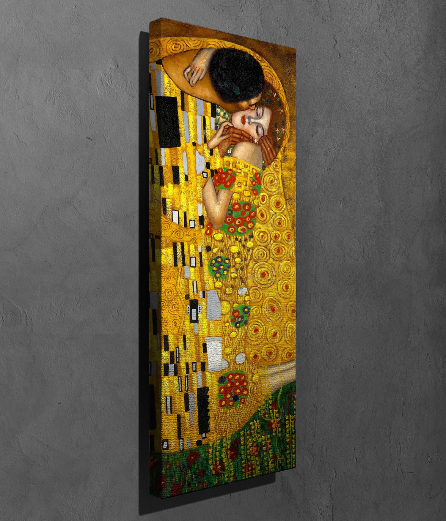 Entdecken Sie das mehrfarbige Leinwandgemälde "Der Kuss" von Gustav Klimt. Ein zeitloses Kunstwerk, das Leidenschaft und Eleganz in Ihr Zuhause bringt.