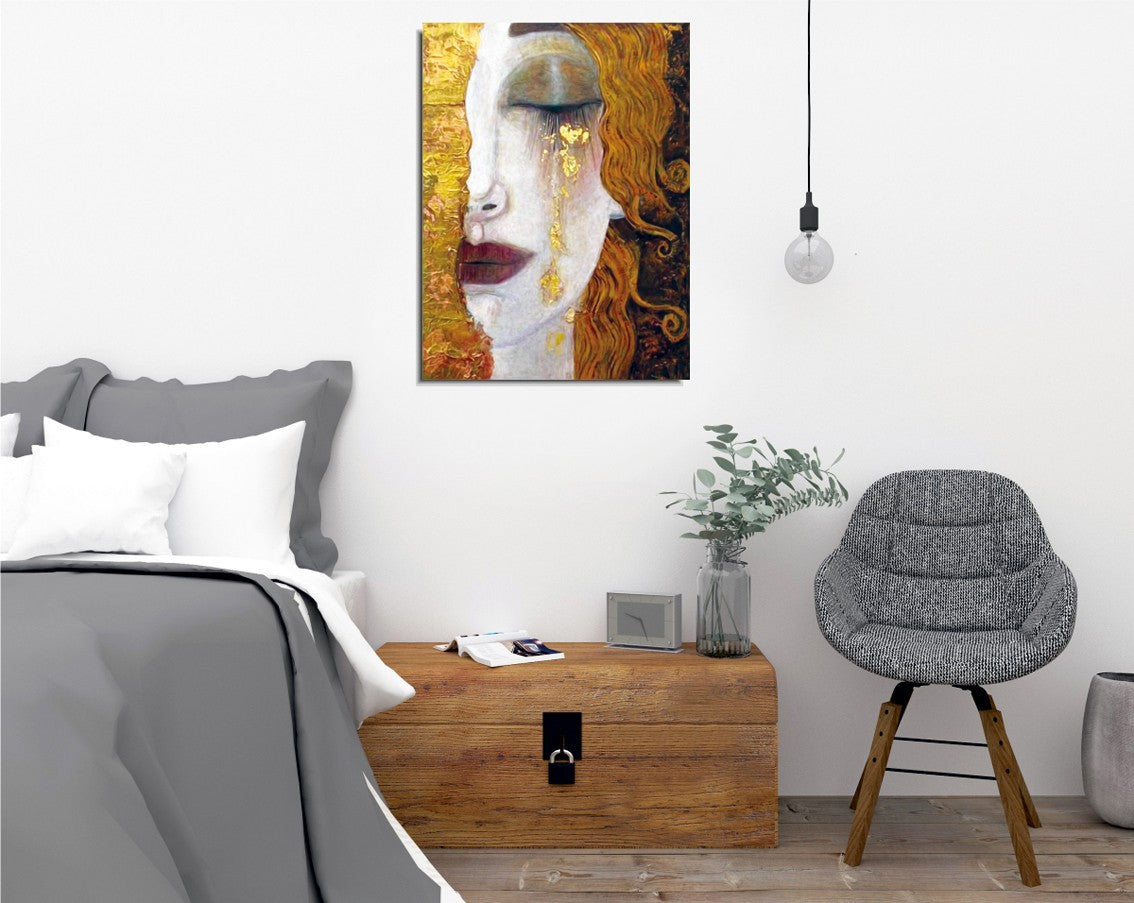 Erleben Sie die emotionale Tiefe des Leinwandgemäldes "Goldene Tränen" von Anne-Marie Zilberman. Ein Meisterwerk, das jeden Raum bereichert.