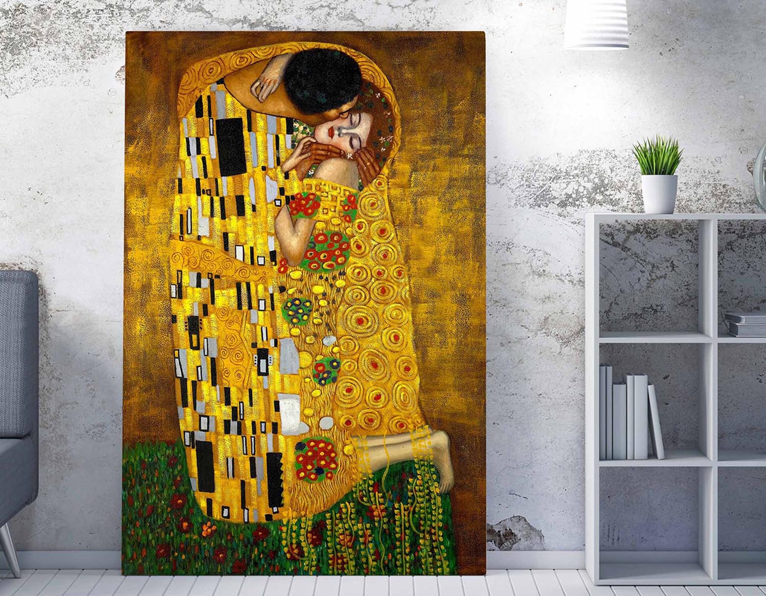 Entdecken Sie das beeindruckende Leinwandbild "Der Kuss" von Gustav Klimt. Dieses 70 x 100 cm große Kunstwerk bringt Farbe und Eleganz in Ihr Zuhause.