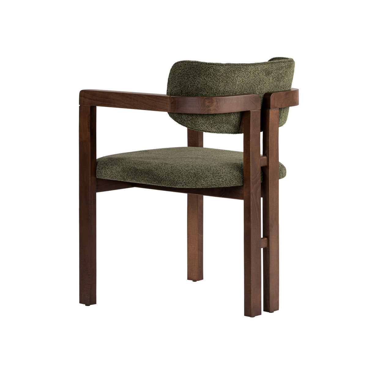 Stuhl mit grünem Chenille-Bezug, Gestell und Beinen aus Buche in Dunkelnussbaum-Optik, gepolstertem Sitz, Rückenlehne und Armlehnen.