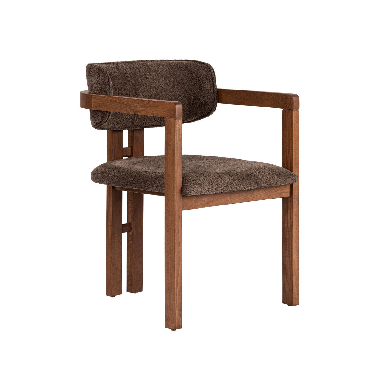 Braun-nussbaumfarbener Stuhl mit Buchenholzgestell, gepolstertem Sitz und Rücken aus Chenille-Stoff, Holzbeine, moderne Form.