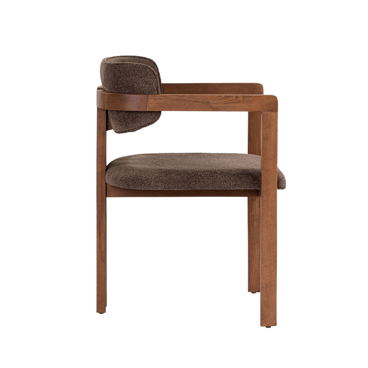 Braun-nussbaumfarbener Stuhl mit Buchenholzgestell, gepolstertem Sitz und Rücken aus Chenille-Stoff, Holzbeine, moderne Form.