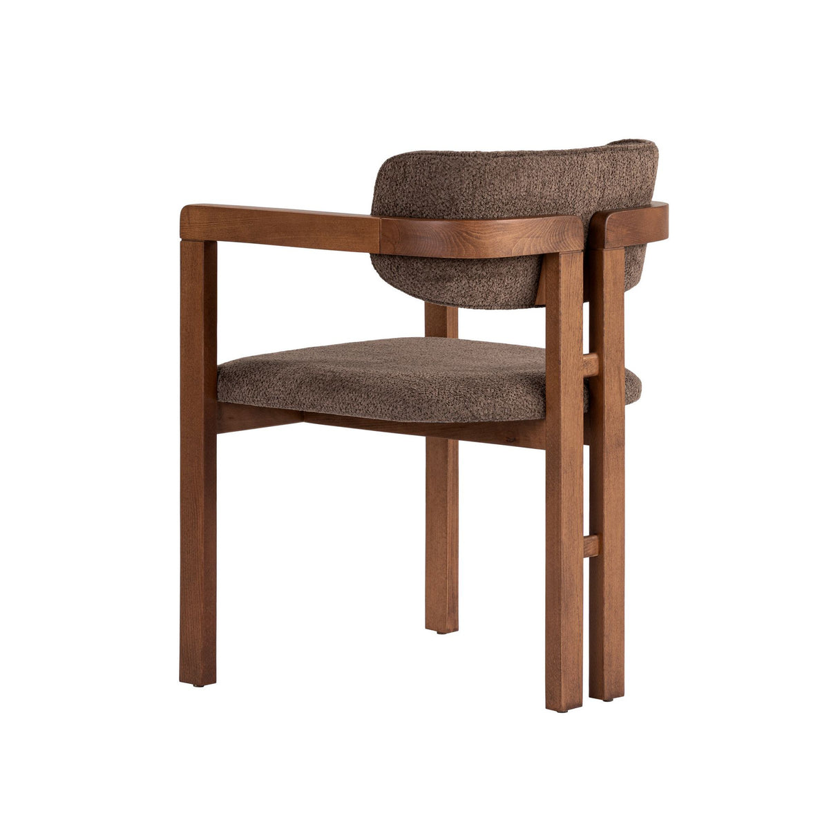 Braun-nussbaumfarbener Stuhl mit Buchenholzgestell, gepolstertem Sitz und Rücken aus Chenille-Stoff, Holzbeine, moderne Form.