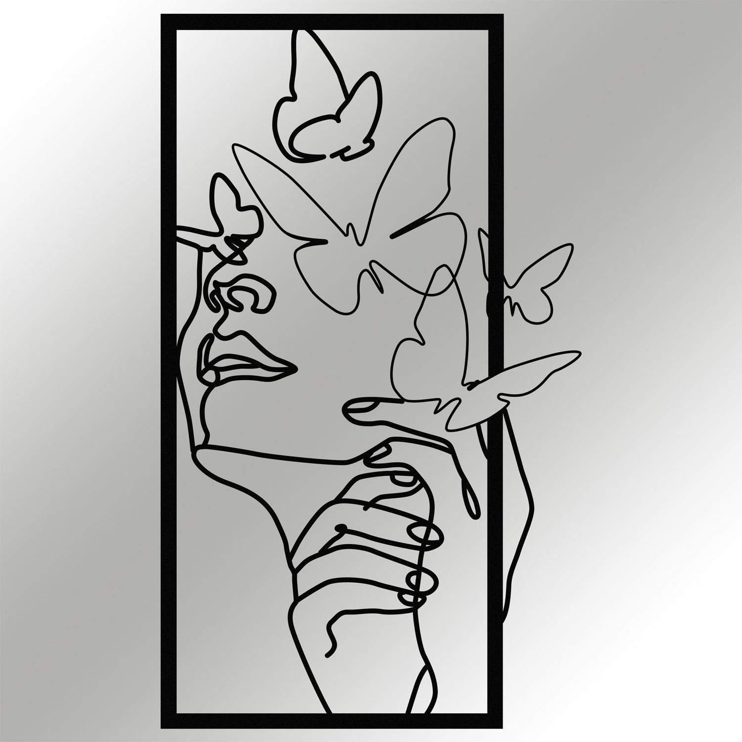 Entdecken Sie die Butterfly Face Female Wanddeko von Wallity in Schwarz – ein elegantes Metallkunstwerk, das jeden Raum stilvoll aufwertet.