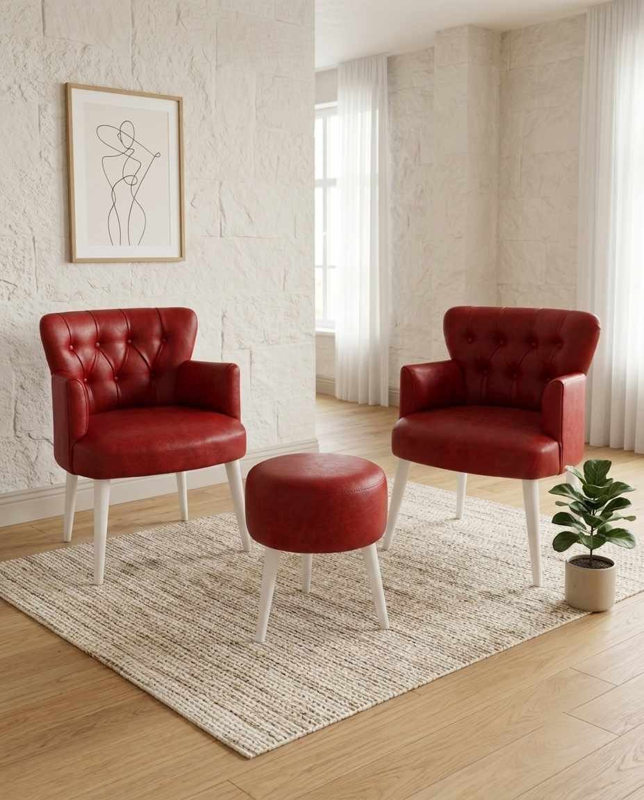 Zwei rote Ohrensessel und ein passender runder Hocker aus PU-Leder mit Beinen aus Hainbuche, klassische Ohrensessel-Form, Set von Hanah Home.