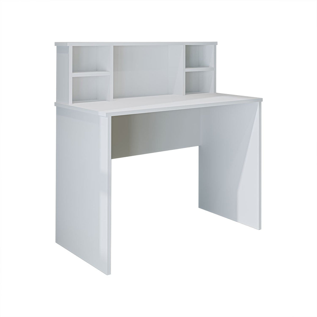 Weisser Schreibtisch aus melaminbeschichteter Spanplatte mit schlanken Kunststoffbeinen, Masse 100x55x105,8 cm, Frontalansicht.