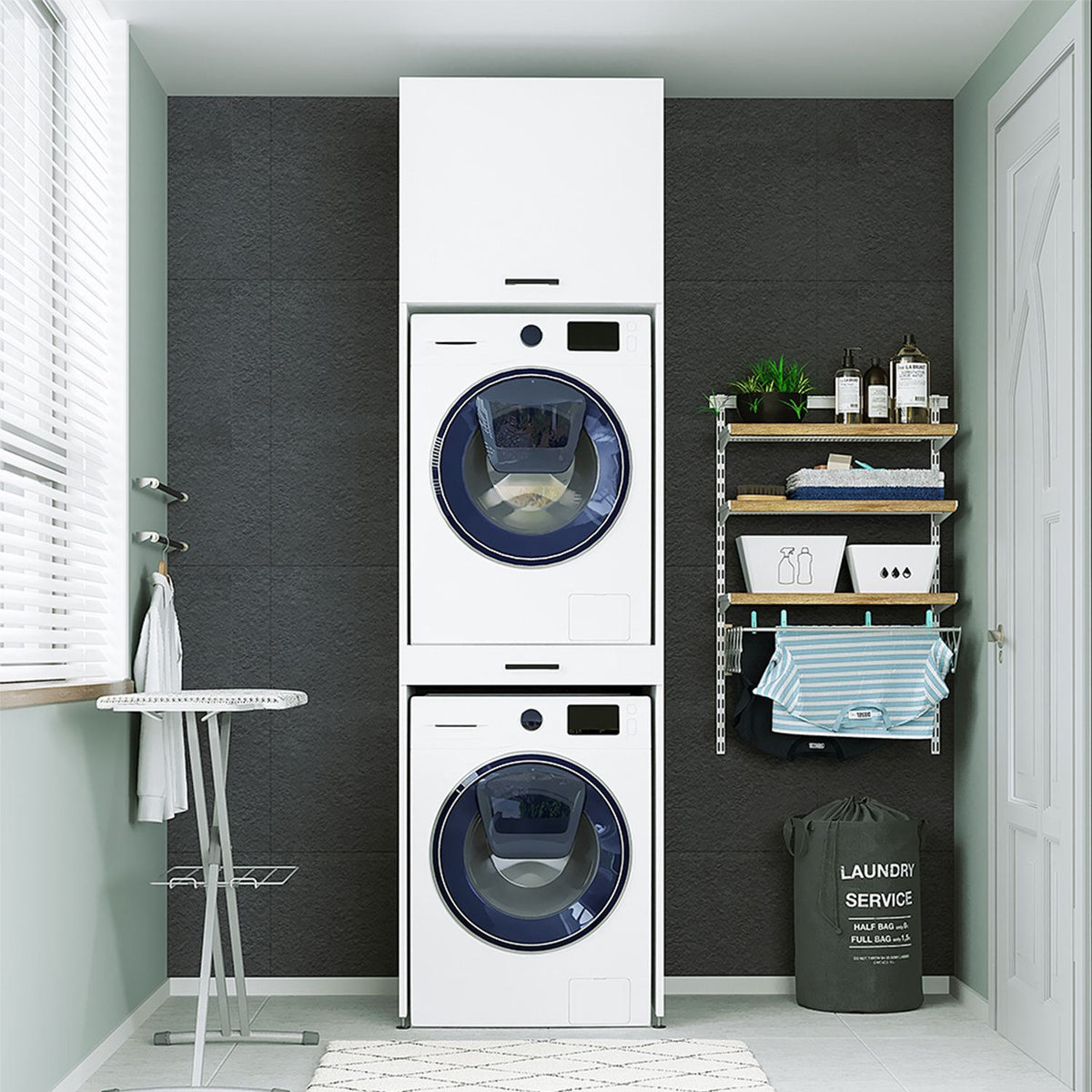 Weisser Waschmaschinenschrank aus melaminbeschichteter Spanplatte mit Aluminiumgriff, Schublade und Kunststofffüssen, Modell 1775 von Hanah Home.