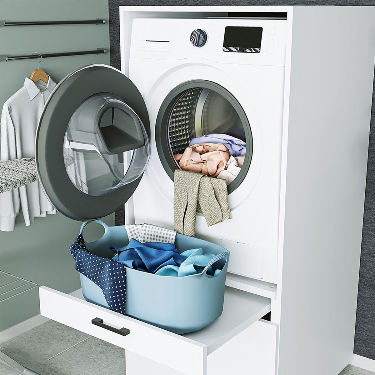 Weisser Waschmaschinenschrank aus melaminbeschichteter Spanplatte mit Aluminiumgriff, Schublade und Kunststofffüssen, Modell 1775 von Hanah Home.
