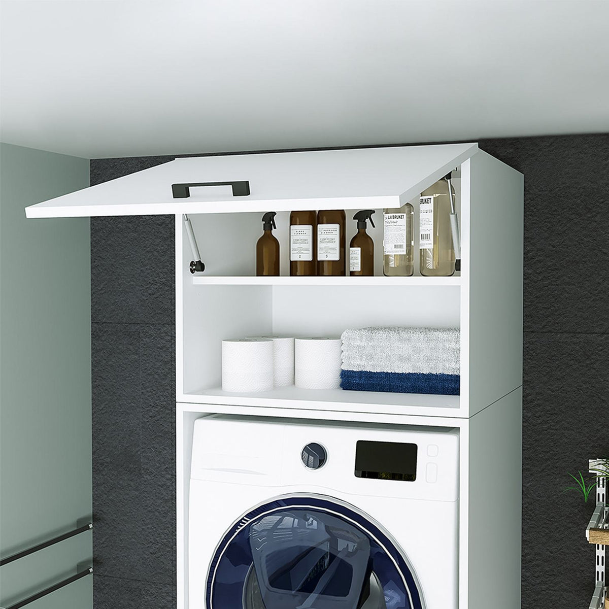 Weisser Waschmaschinenschrank aus melaminbeschichteter Spanplatte mit Aluminiumgriff, Schublade und Kunststofffüssen, Modell 1775 von Hanah Home.