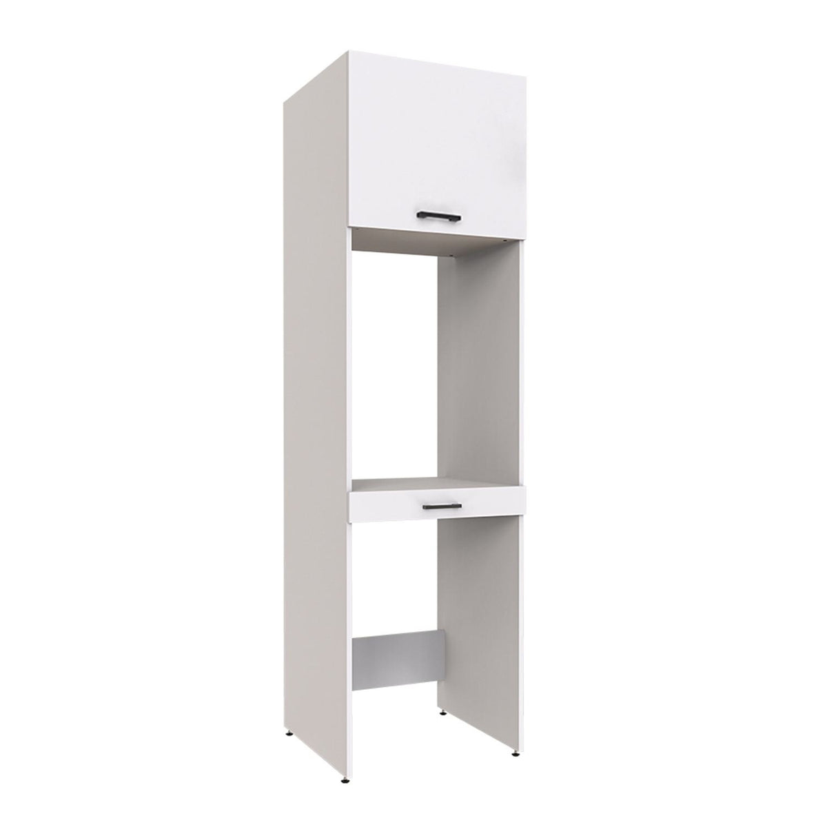 Weisser Waschmaschinenschrank aus melaminbeschichteter Spanplatte mit Aluminiumgriff, Schublade und Kunststofffüssen, Modell 1775 von Hanah Home.