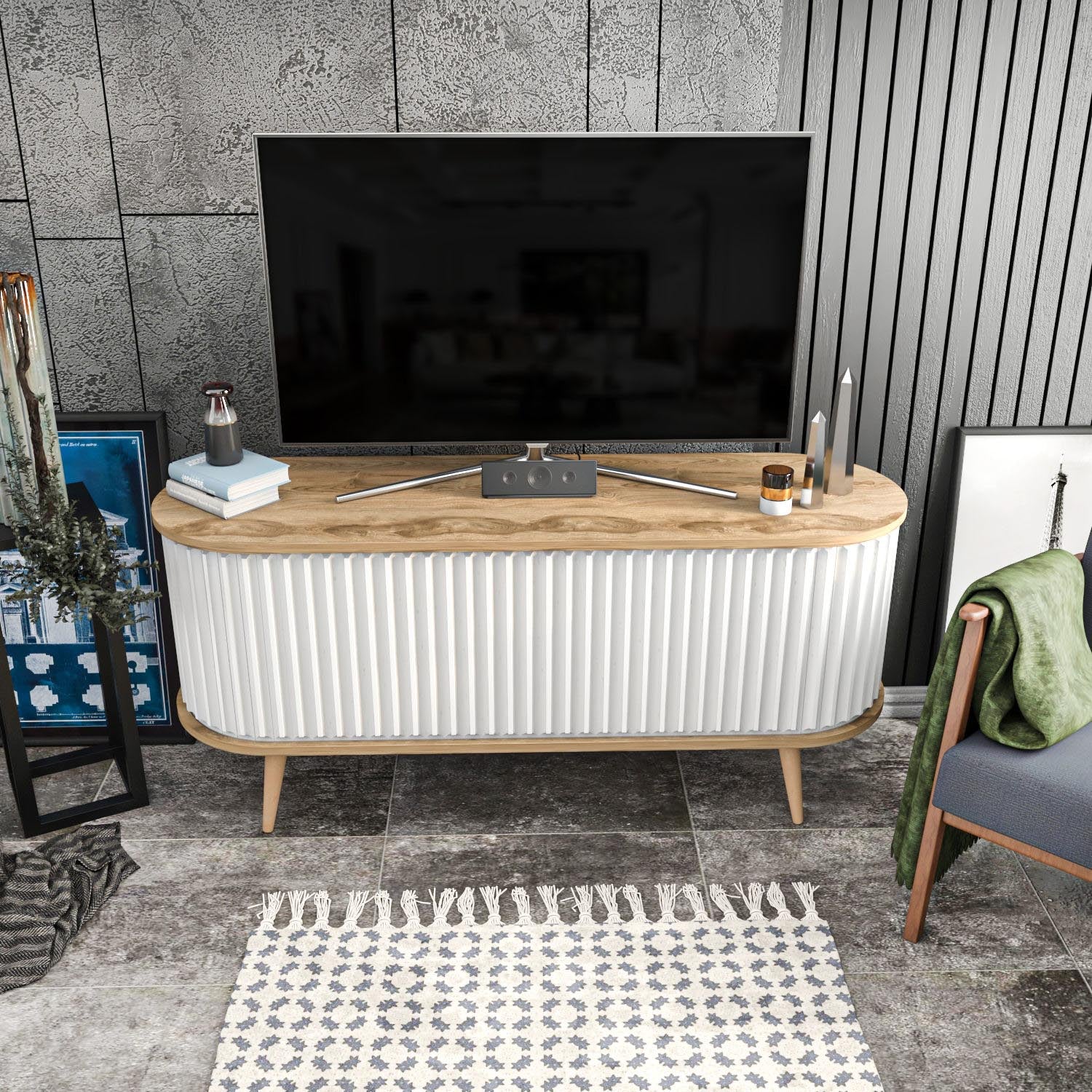 Entdecken Sie das stilvolle Stor Sideboard in Oud Eiche Weiss von Hanah Home. Perfekte Kombination aus Eleganz und Funktionalität für Ihr Zuhause.