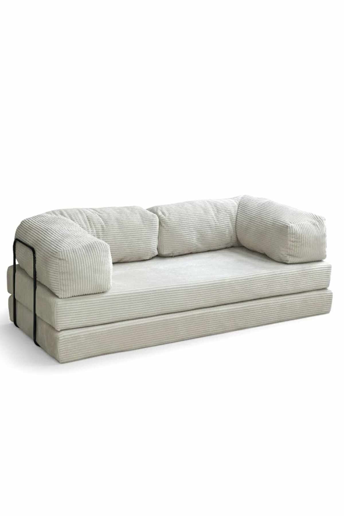 Cremefarbenes 3-Sitzer Sofa Inci von Hanah Home aus Polyester/Leinen-Stoff mit zwei Kissen und sichtbaren Eisen-Stützstreben, Frontalansicht auf hellem Hintergrund.