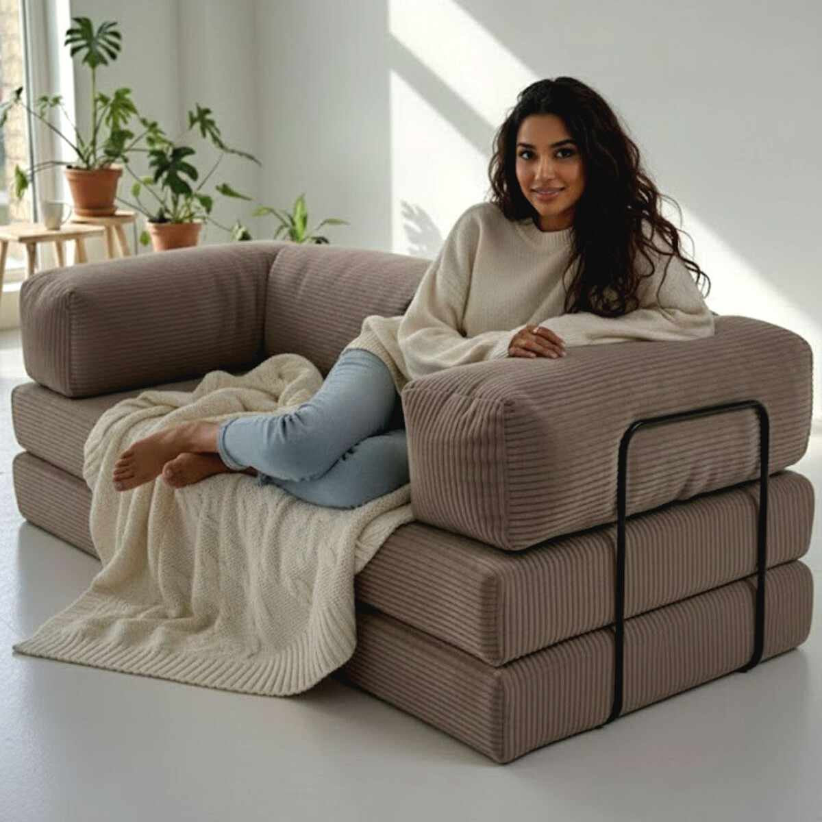 Dreisitzer-Sofa Inci in Mink mit Polyester-Leinen-Bezug, zwei Kissen, vier Eisen-Stützstreben und rutschfester Sohle auf hellem Untergrund.