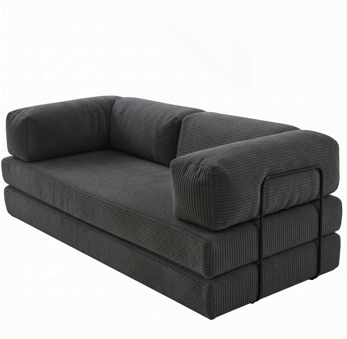 Graues 3-Sitzer Sofa Inci in Fume von Hanah Home mit Polyester-Leinen-Bezug, zwei Kissen und sichtbaren Eisenstützstreben im Wohnraum.