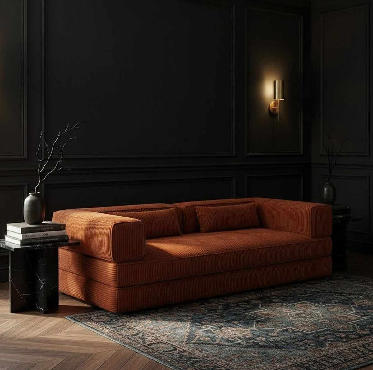 Ziegelrotes 3-Sitzer-Sofa von Hanah Home aus Polyester/Leinen-Stoff mit zwei Kissen, auf vier Eisen-Stützstreben stehend, seitliche Ansicht.