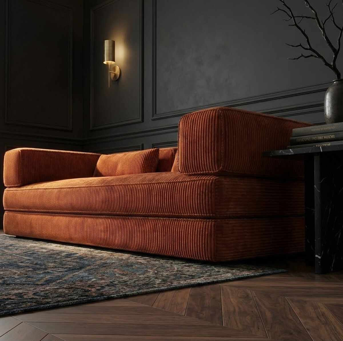Ziegelrotes 3-Sitzer-Sofa von Hanah Home aus Polyester/Leinen-Stoff mit zwei Kissen, auf vier Eisen-Stützstreben stehend, seitliche Ansicht.