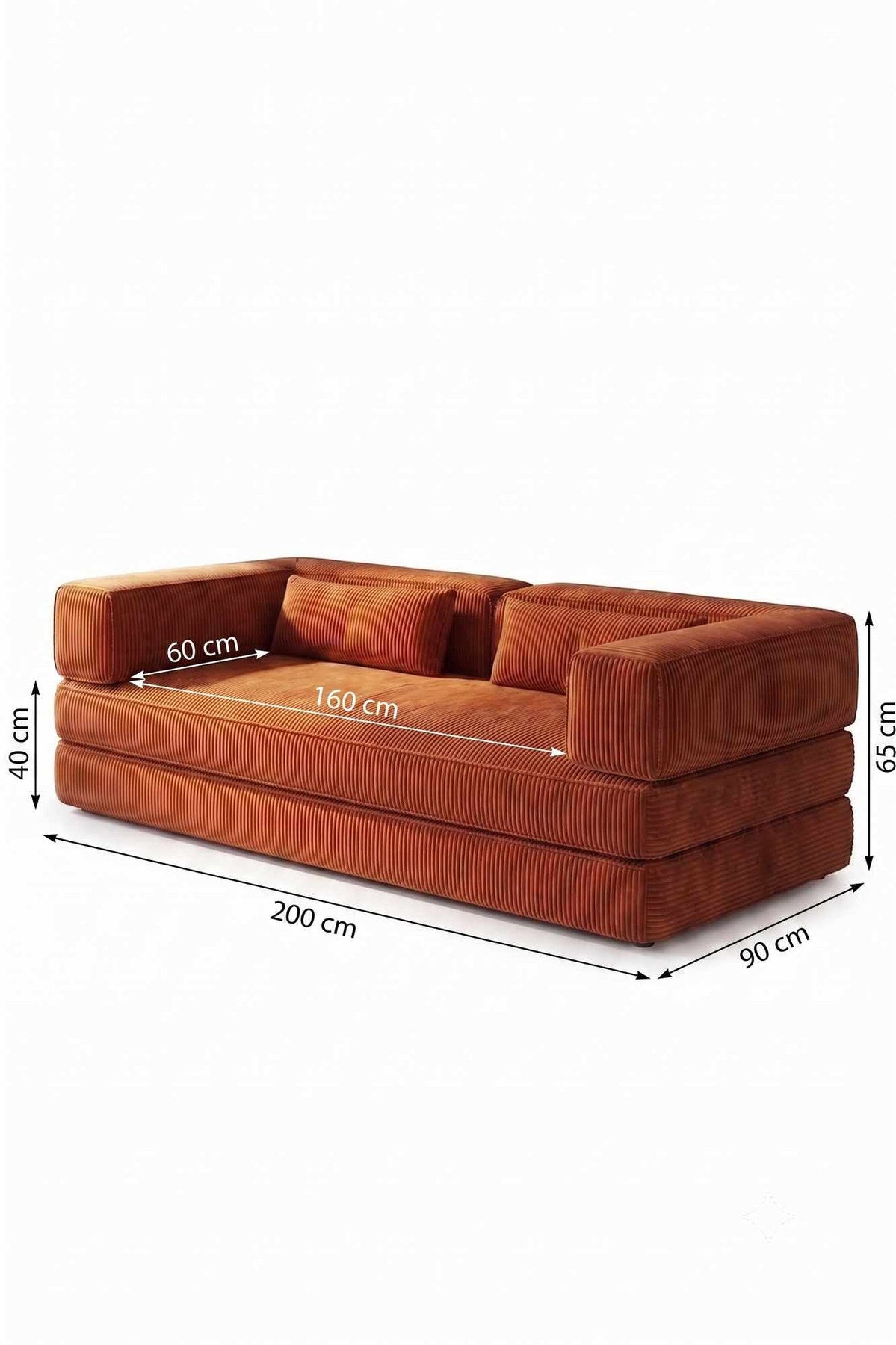 Ziegelrotes 3-Sitzer-Sofa von Hanah Home aus Polyester/Leinen-Stoff mit zwei Kissen, auf vier Eisen-Stützstreben stehend, seitliche Ansicht.