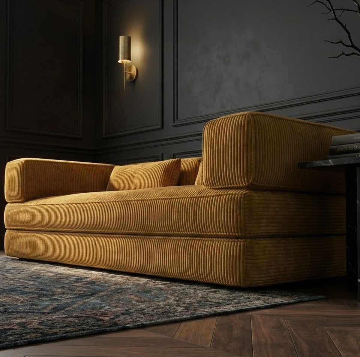 Senfgelbes 3-Sitzer-Sofa aus Polyester und Leinen mit Eisenstützstreben, zwei Kissen und abnehmbarem, waschbarem Bezug.