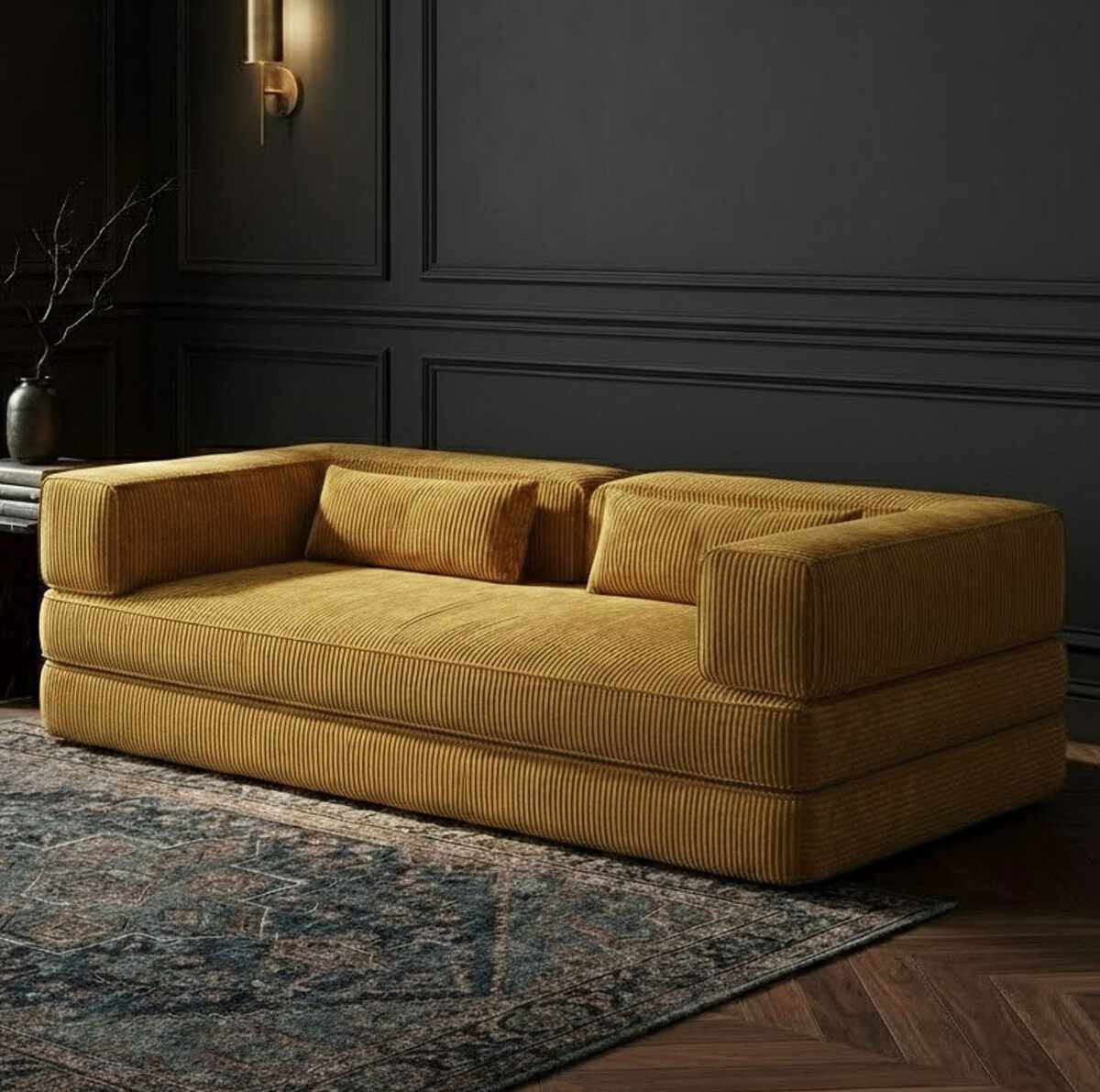 Senfgelbes 3-Sitzer-Sofa aus Polyester und Leinen mit Eisenstützstreben, zwei Kissen und abnehmbarem, waschbarem Bezug.