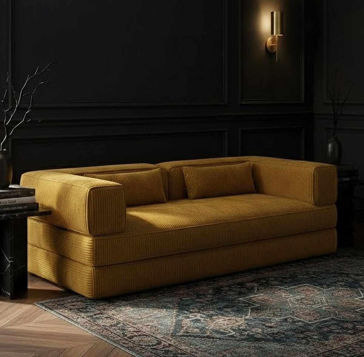 Senfgelbes 3-Sitzer-Sofa aus Polyester und Leinen mit Eisenstützstreben, zwei Kissen und abnehmbarem, waschbarem Bezug.