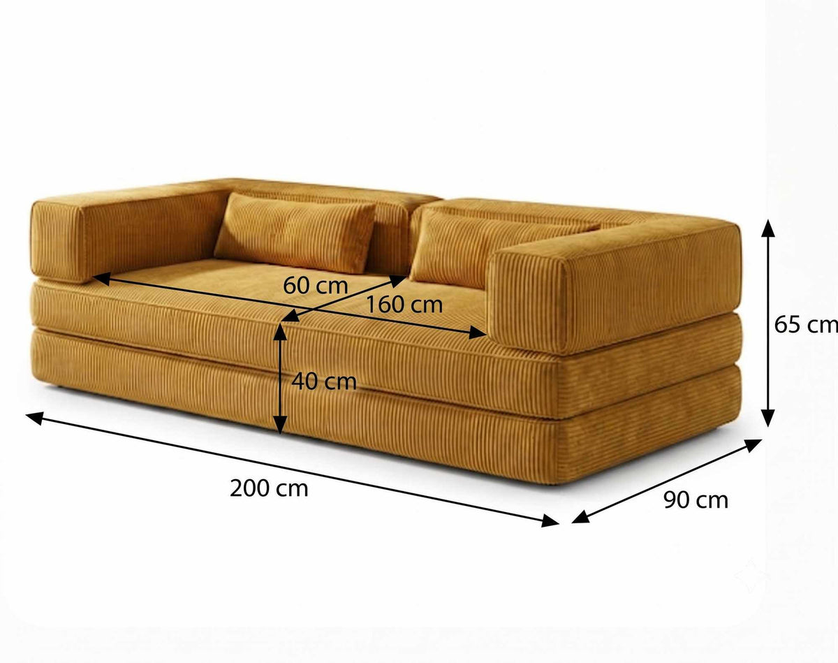 Senfgelbes 3-Sitzer-Sofa aus Polyester und Leinen mit Eisenstützstreben, zwei Kissen und abnehmbarem, waschbarem Bezug.