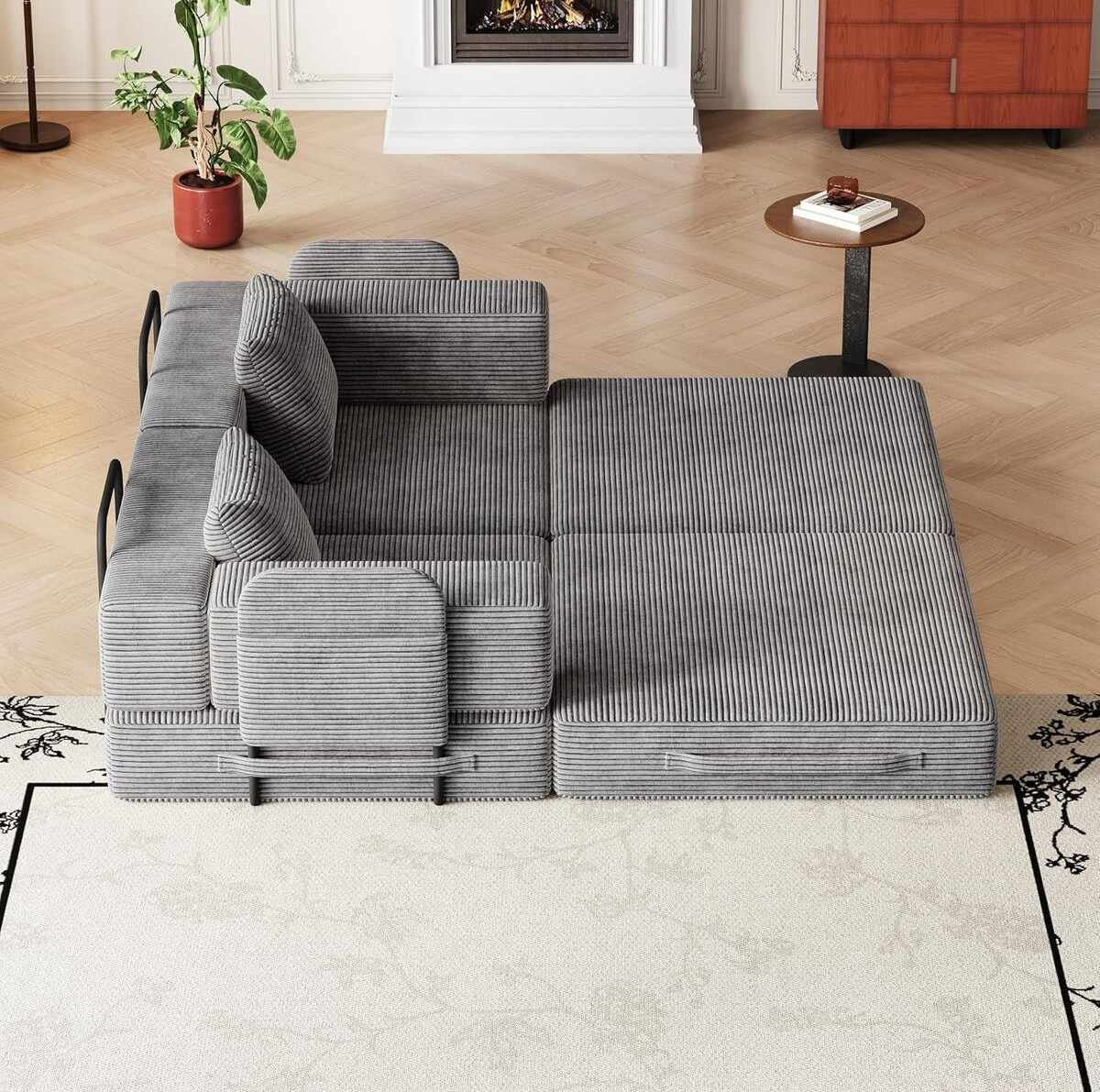 Graues 3-Sitzer Schlafsofa von Hanah Home aus Polyester-Leinen-Stoff mit Eisen-Stützstreben, zwei Kissen und rutschfester Sohle.