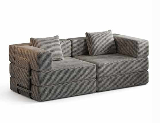 Graues 3-Sitzer Schlafsofa von Hanah Home aus Polyester-Leinen-Stoff mit Eisen-Stützstreben, zwei Kissen und rutschfester Sohle.