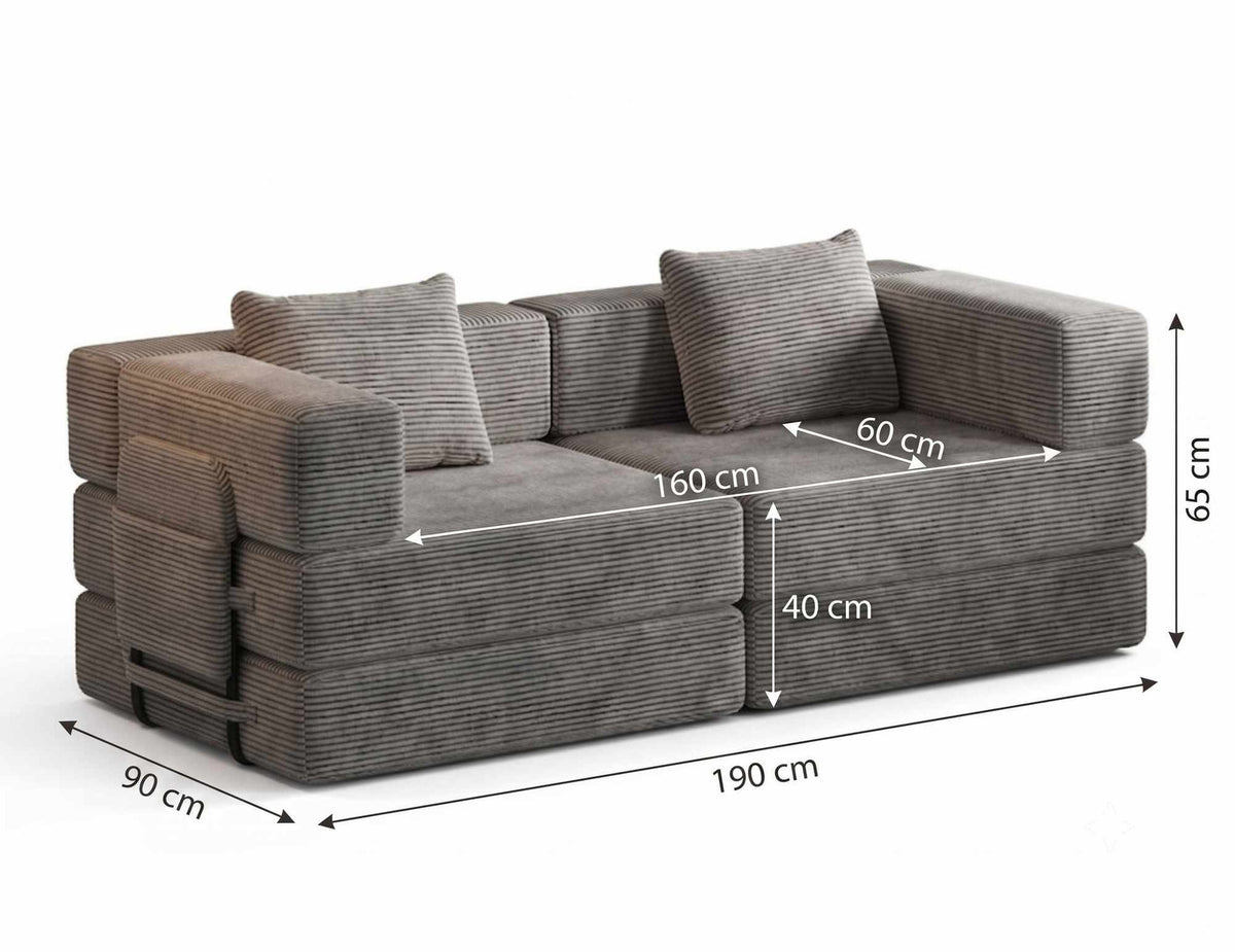 Graues 3-Sitzer Schlafsofa von Hanah Home aus Polyester-Leinen-Stoff mit Eisen-Stützstreben, zwei Kissen und rutschfester Sohle.
