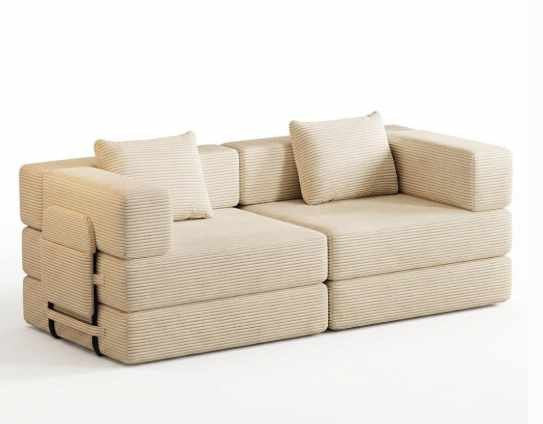 Cremefarbenes 3-Sitzer Schlafsofa aus Polyester/Leinen mit Eisengestell, zwei Kissen und ausziehbarer Liegefläche in Türkei produziert.