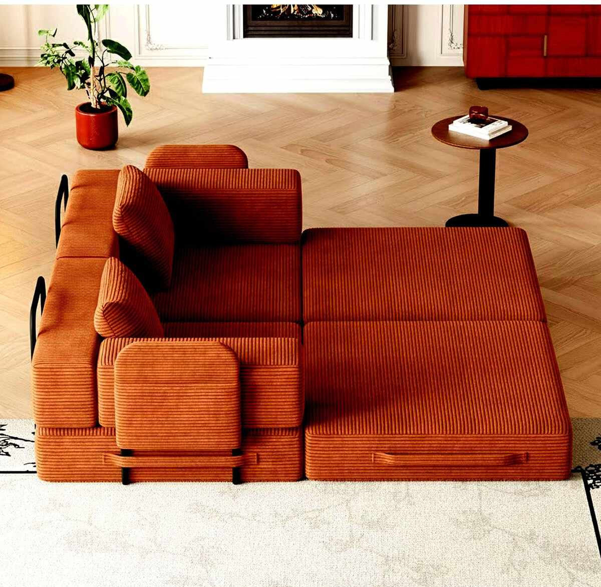 Ziegelrotes 3-Sitzer Schlafsofa aus Polyester-Leinen-Stoff mit Eisengestell, zwei Kissen und sichtbarer Sitz- sowie Liegefläche.