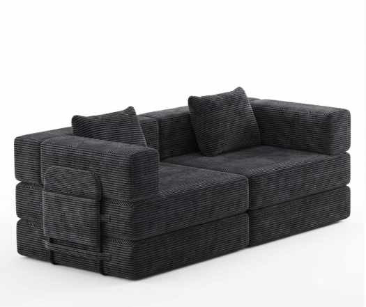 Schwarzes 3-Sitzer Schlafsofa aus Polyester-Leinen-Stoff mit zwei Kissen, schlichtes Design, ausgeklappt als Liegefläche sichtbar.