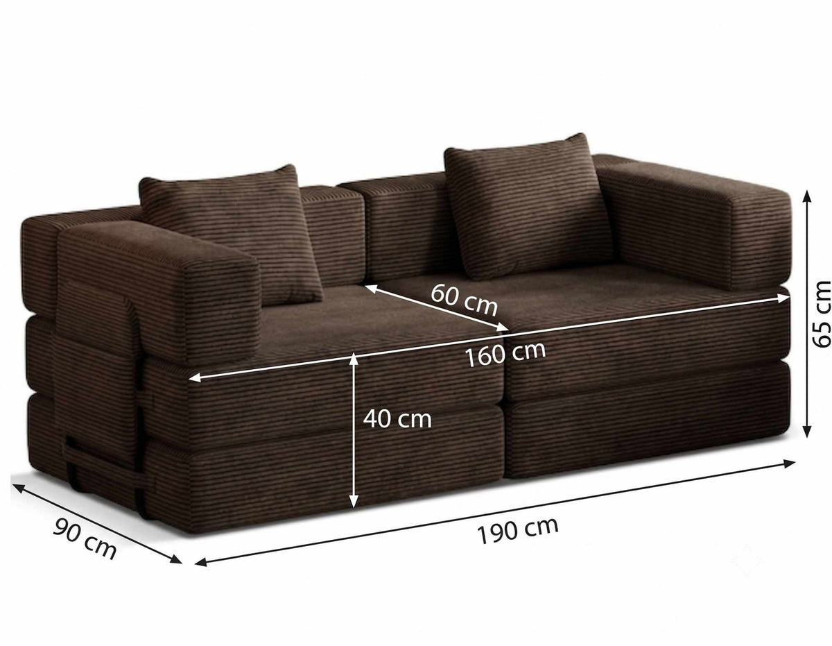 Braunes 3-Sitzer Schlafsofa aus Polyester und Leinen mit vier Eisen-Stützstreben, minimalistisches Design, zwei Kissen auf der Sitzfläche.
